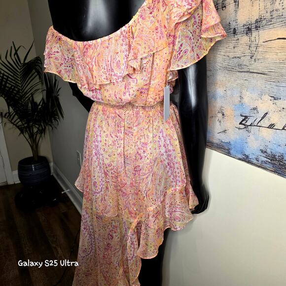 MISA Los Angeles Gisele Asymmetric Pink off Shoulder Floral Dress - Picture 12 of 14